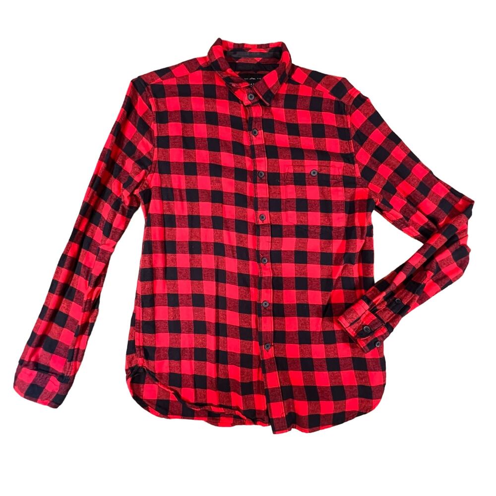 Denim&Flower Mens Medium Red Black Buffalo Plaid Button Up Flannel Outdoor Shirt